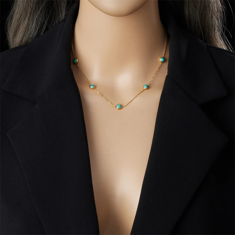 Stainless Steel Round Turquoise Necklace Bracelet Earrings Suit For Womens  TrendNon-fading jewelry Set