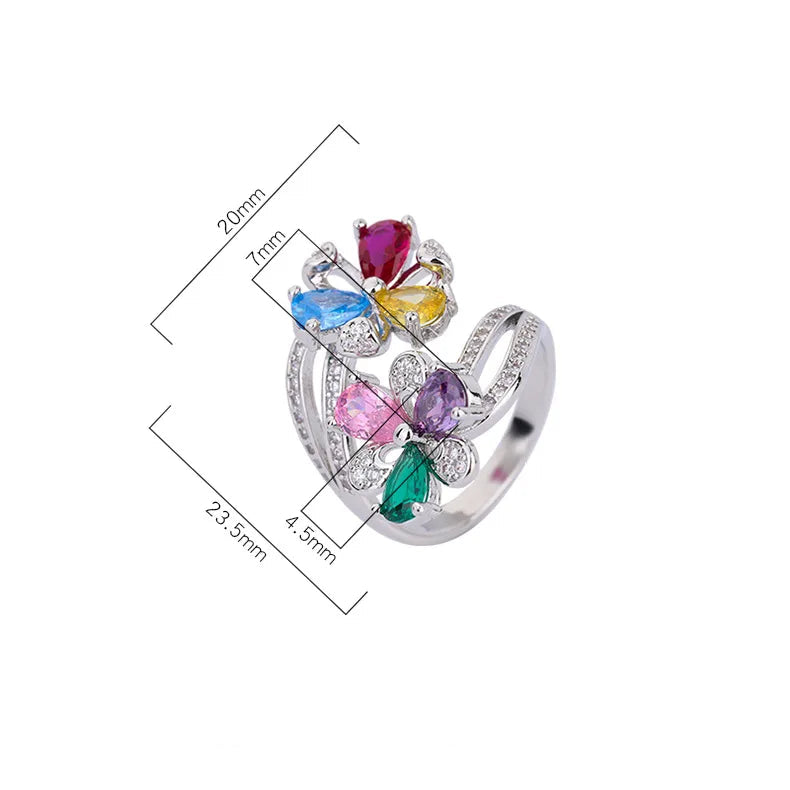 Colorful Zircon Flower Ring – Open Adjustable Luxury Design for Women