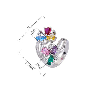 Colorful Zircon Flower Ring – Open Adjustable Luxury Design for Women
