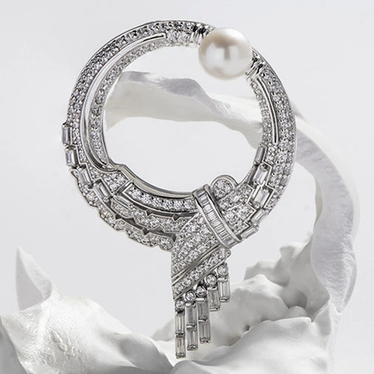 Luxury 925 Sterling Silver Brooch with Natural Pearl and Blue Sapphire Gemstones