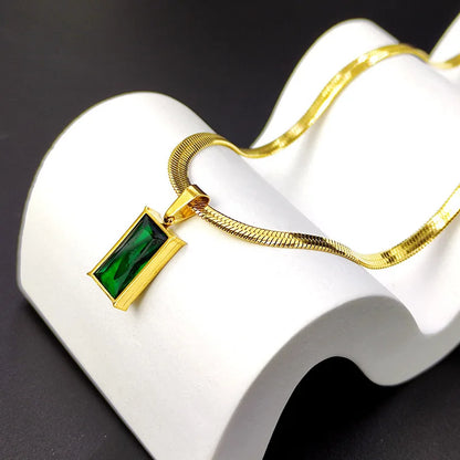 Stainless Steel Rectangle Green Crystal Zircon Pendant Necklace Earrings Fashion  Jewelry Set
