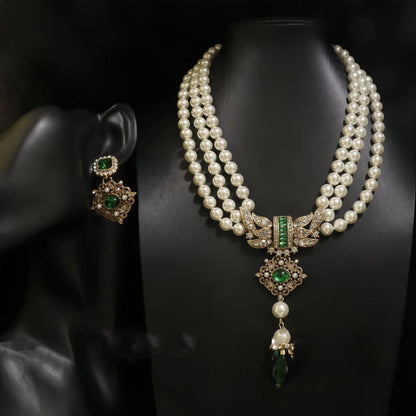 Royal Pearl Jewelry Set with Green Stone Accents