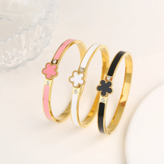 6 Colors Classic Luxury Stainless Steel Five Leaf Flower Open Bangle