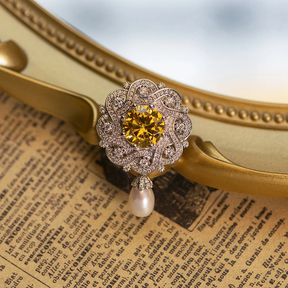 Luxury 925 Sterling Silver Brooch with High Carbon Diamond Stones