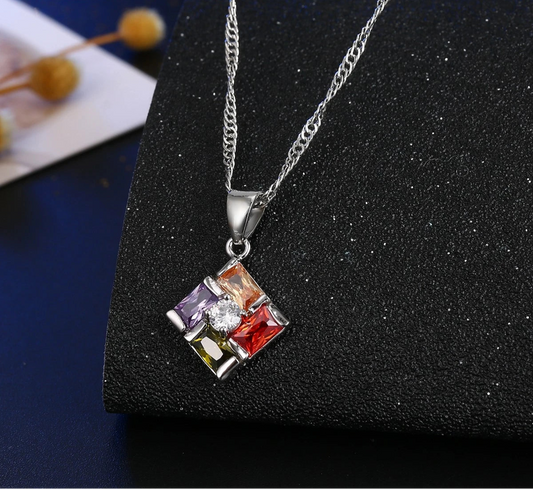 Colorful Zircon Set for Women – Square Pendant Necklace & Elegant Earrings