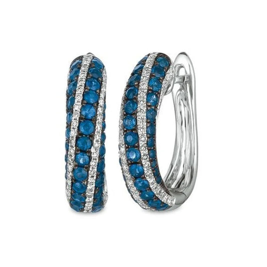 Elegant Silver Hoop Earrings - White & Blue Zircon Stones, Luxury Dangle Design for Women