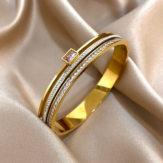 Elegant Duo-Tone Zircon Cuff Bracelet – Luxury Gold & Silver Bangles for Her
