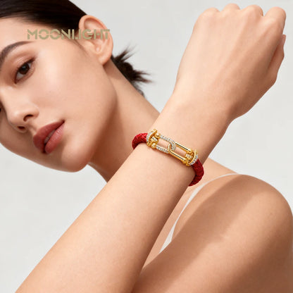 Braided Leather Bracelet with Zircon Gold Clasp