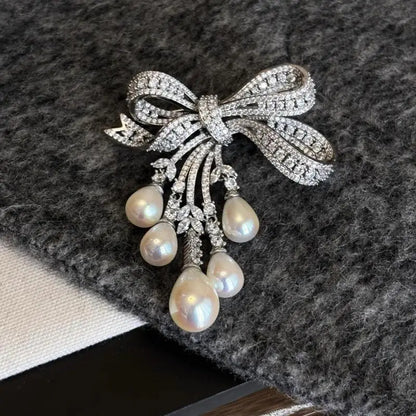 Luxury Crystal Bow Pearl Brooch – Elegant Ribbon Pin for Women