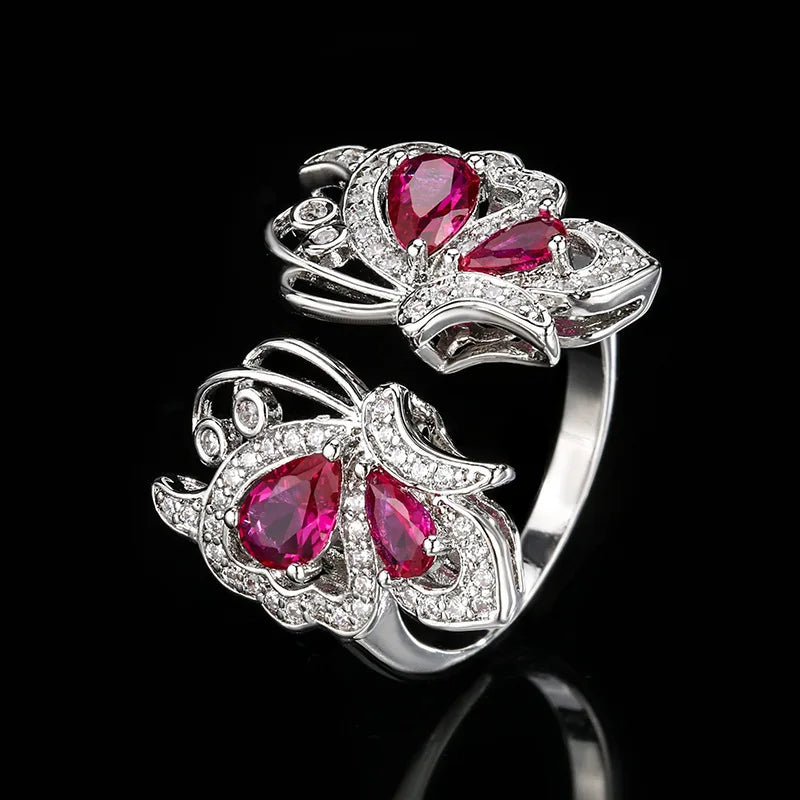 Luxury Ruby Butterfly Zircon Jewelry Set – Necklace Earrings & Ring