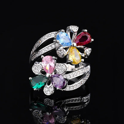 Colorful Zircon Flower Ring – Open Adjustable Luxury Design for Women