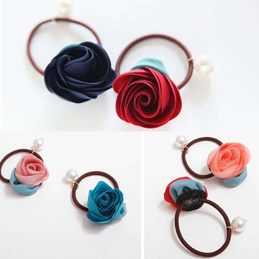 5pcs Elegant Rose Hair Ties – Premium Floral Hair Accessories with Pearl Detail