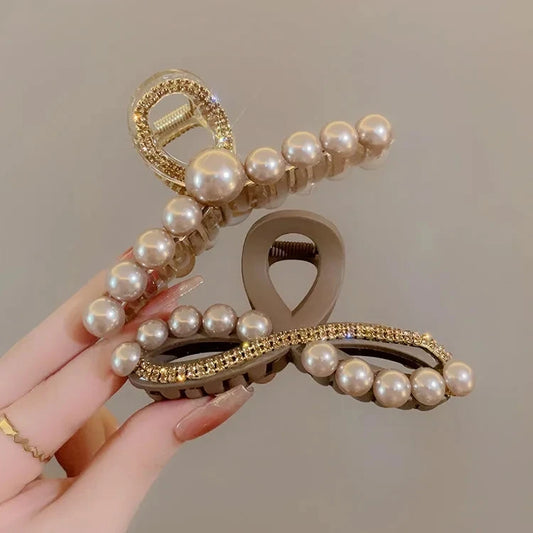 Luxury Pearl & Rhinestone Hair Clip – Korean Champagne Gold Hair Accessory