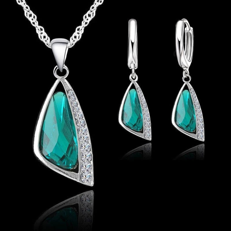 Sterling Silver Geometric Jewelry Set with Crystal – Elegant Necklace & Earrings for Women