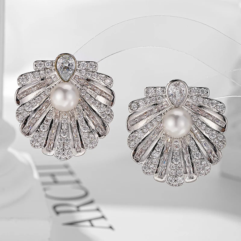 Luxury Shell Zircon Stud Earrings – Elegant Waterdrop Design