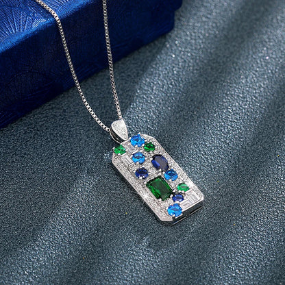 Blue Green Cubic Zirconia Silver Pendant Necklace