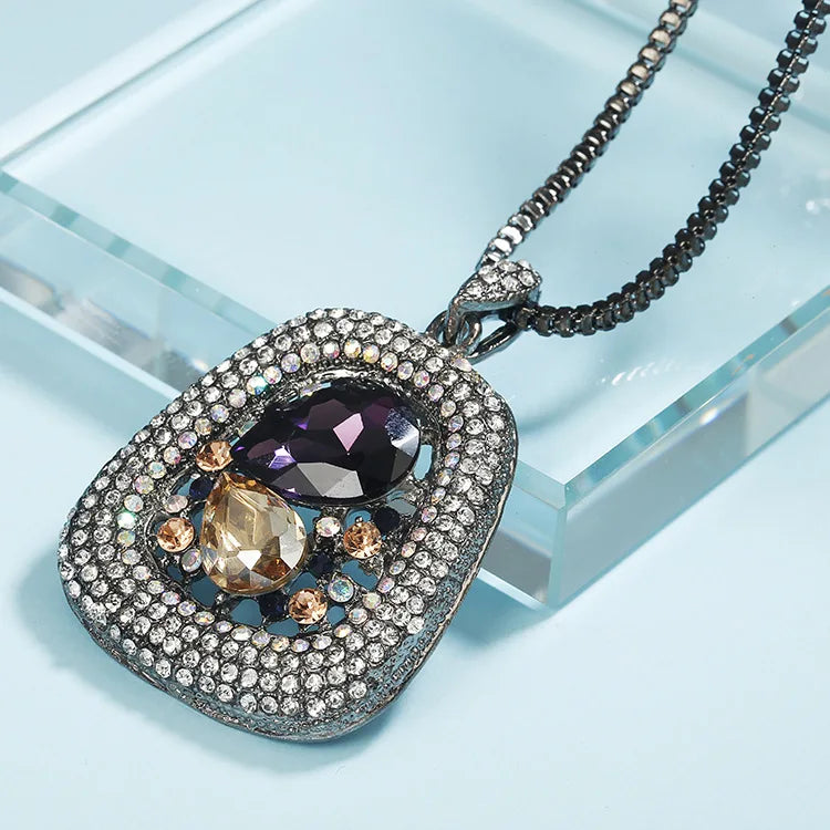 Elegant Crystal Pendant Necklace – Long Chain, Square Charm, Semi-Precious Stone, Timeless Women’s Jewelry