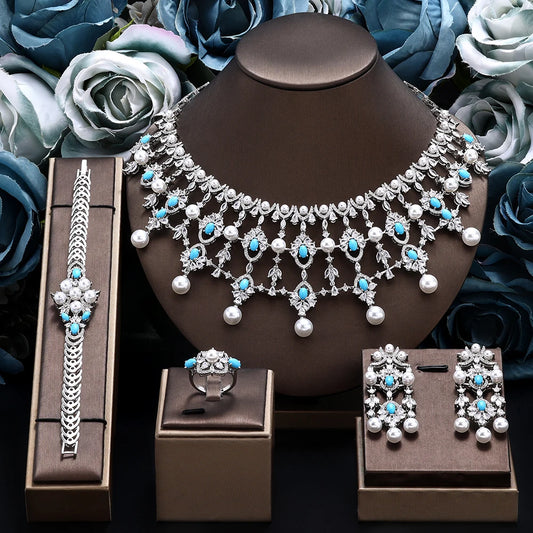 Luxury Pearl  Jewelry Set - CZ Crystal Necklace, Earrings, Ring & Bracelet For Women Perfect for Special Occasions