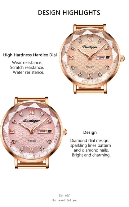 Elegant Rose Gold Women’s Watch – Waterproof Stainless Steel Luxury Bracelet with Luminous Dial