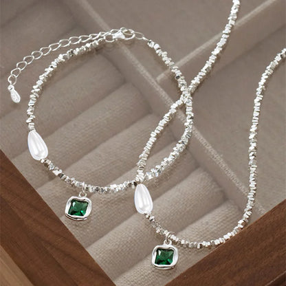 Elegant Green Zircon & Pearl Necklace – 925 Sterling Silver Choker