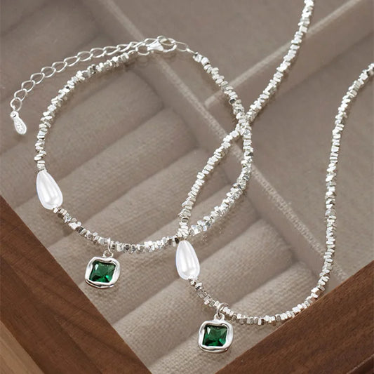 Elegant Green Zircon & Pearl Necklace – 925 Sterling Silver Choker
