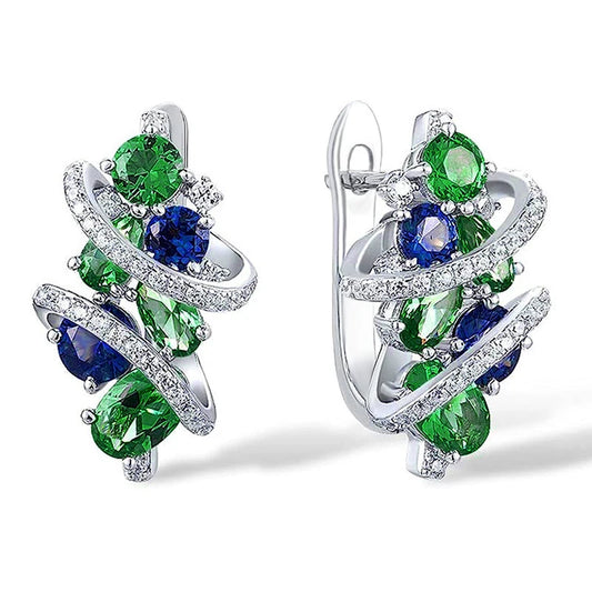 Elegant Green & Blue Zircon Hoop Earrings – Twisted Design, Silver-Tone Sparkle