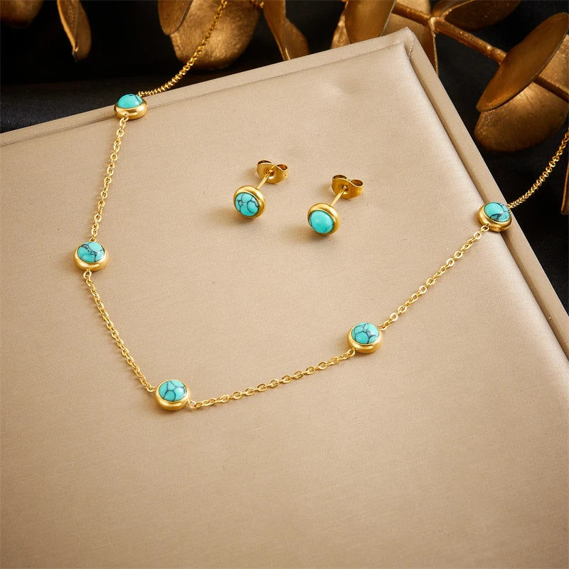 Stainless Steel Round Turquoise Necklace Bracelet Earrings Suit For Womens  TrendNon-fading jewelry Set