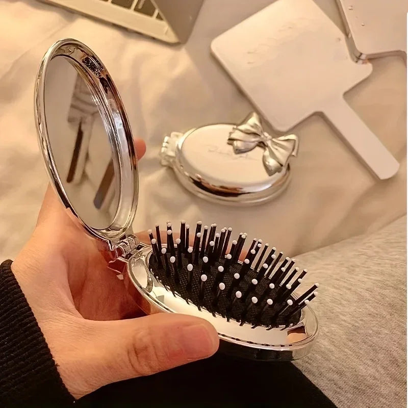 Portable Mini Hair Brush with Mirror – Compact Purse-Friendly Comb