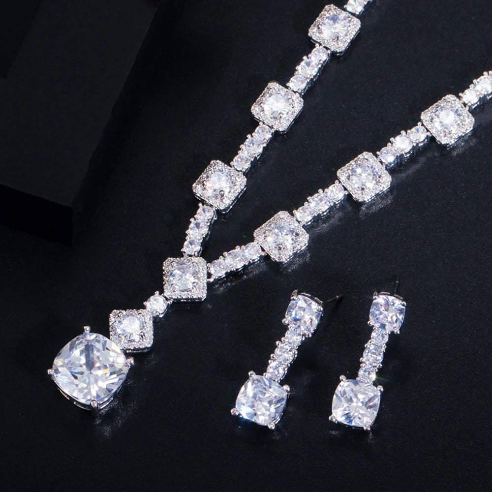 Luxury CZ Crystal Necklace & Earrings Set – Elegant Silver Plated Jewelry for Women | Perfect for Parties, Weddings & Special Occasions
