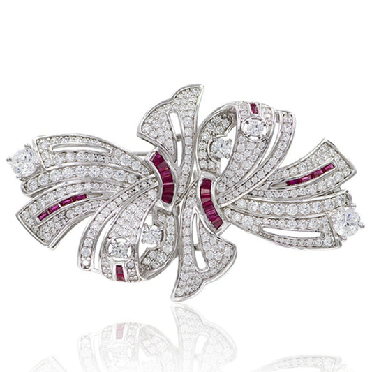 Luxury 925 Sterling Silver Brooch with Ruby and High Carbon Diamond Gemstones