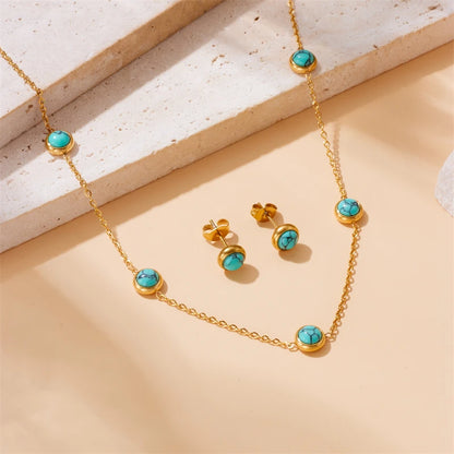 Stainless Steel Round Turquoise Necklace Bracelet Earrings Suit For Womens  TrendNon-fading jewelry Set