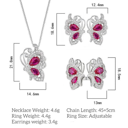 Luxury Ruby Butterfly Zircon Jewelry Set – Necklace Earrings & Ring
