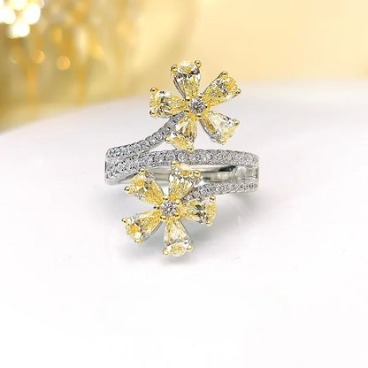 Elegant Double Flower Ring – 925 Sterling Silver with Yellow Diamond-Like Stones