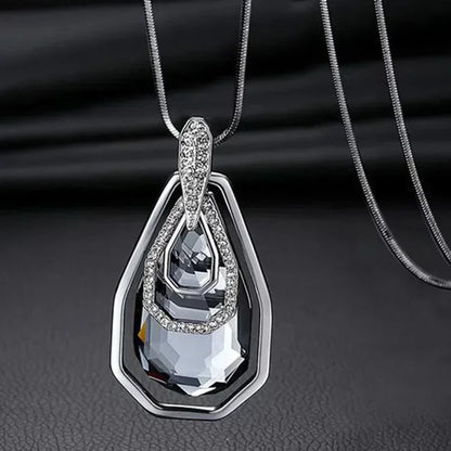 Elegant Crystal Pendant Necklace – Long Chain, Square Charm, Semi-Precious Stone, Timeless Women’s Jewelry