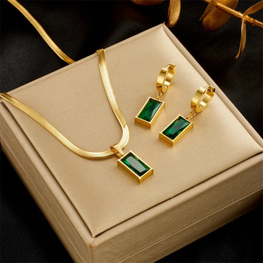 Stainless Steel Rectangle Green Crystal Zircon Pendant Necklace Earrings Fashion  Jewelry Set