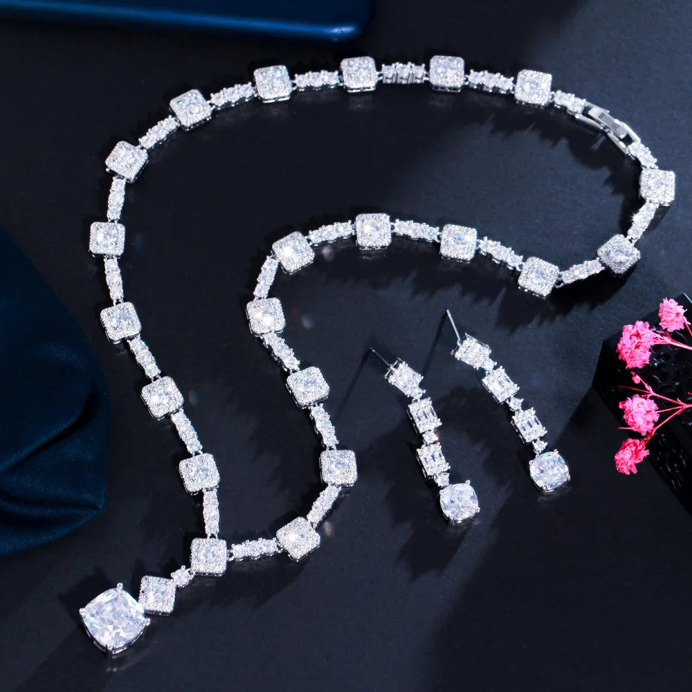 Luxury CZ Crystal Necklace & Earrings Set – Elegant Silver Plated Jewelry for Women | Perfect for Parties, Weddings & Special Occasions
