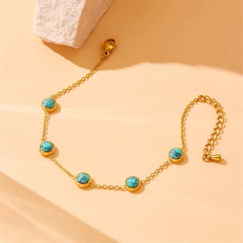 Stainless Steel Round Turquoise Necklace Bracelet Earrings Suit For Womens  TrendNon-fading jewelry Set