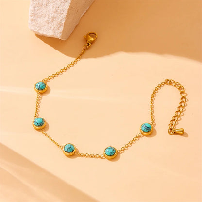 Stainless Steel Round Turquoise Necklace Bracelet Earrings Suit For Womens  TrendNon-fading jewelry Set