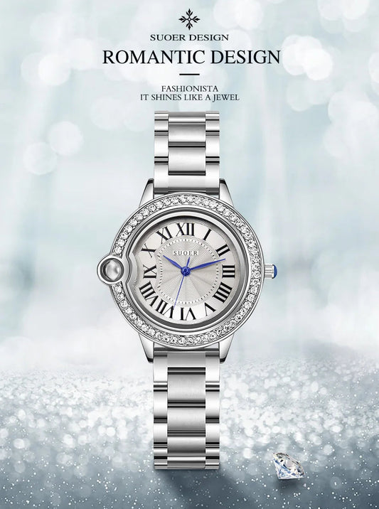 Luxury Silver Quartz Women’s Watch – Stainless Steel, Diamond Bezel, Waterproof Elegant Design