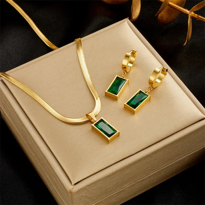 Emerald Green Stainless Steel Set – Necklace & Earrings