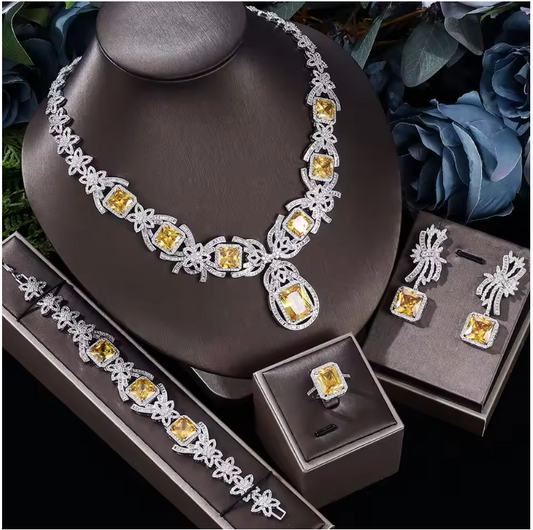 Royal Amethyst Crystal Jewelry Set – 4PCS Elegant Purple Zircon Necklace, Earrings, Bracelet & Ring for Evening, Wedding, or Gift