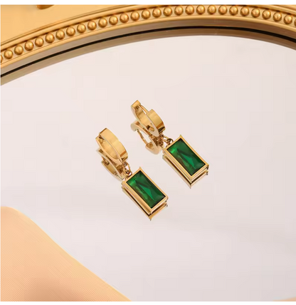 Stainless Steel Rectangle Green Crystal Zircon Pendant Necklace Earrings Fashion  Jewelry Set