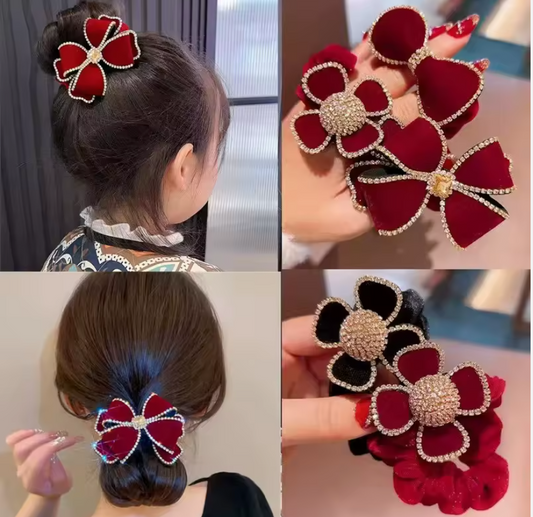 Velvet Bow & Crystal Flower Hair Tie – Elegant Hair Accessory
