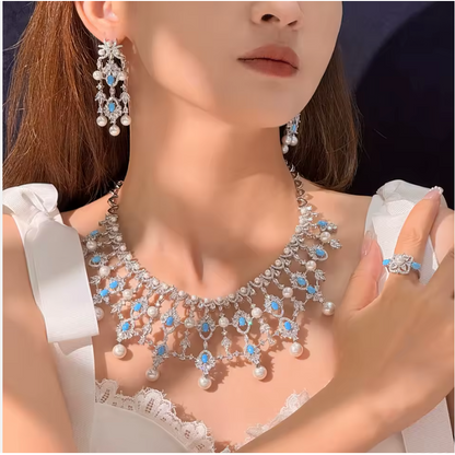 Luxury Pearl  Jewelry Set - CZ Crystal Necklace, Earrings, Ring & Bracelet For Women Perfect for Special Occasions