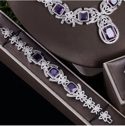Royal Amethyst Crystal Jewelry Set – 4PCS Elegant Purple Zircon Necklace, Earrings, Bracelet & Ring for Evening, Wedding, or Gift