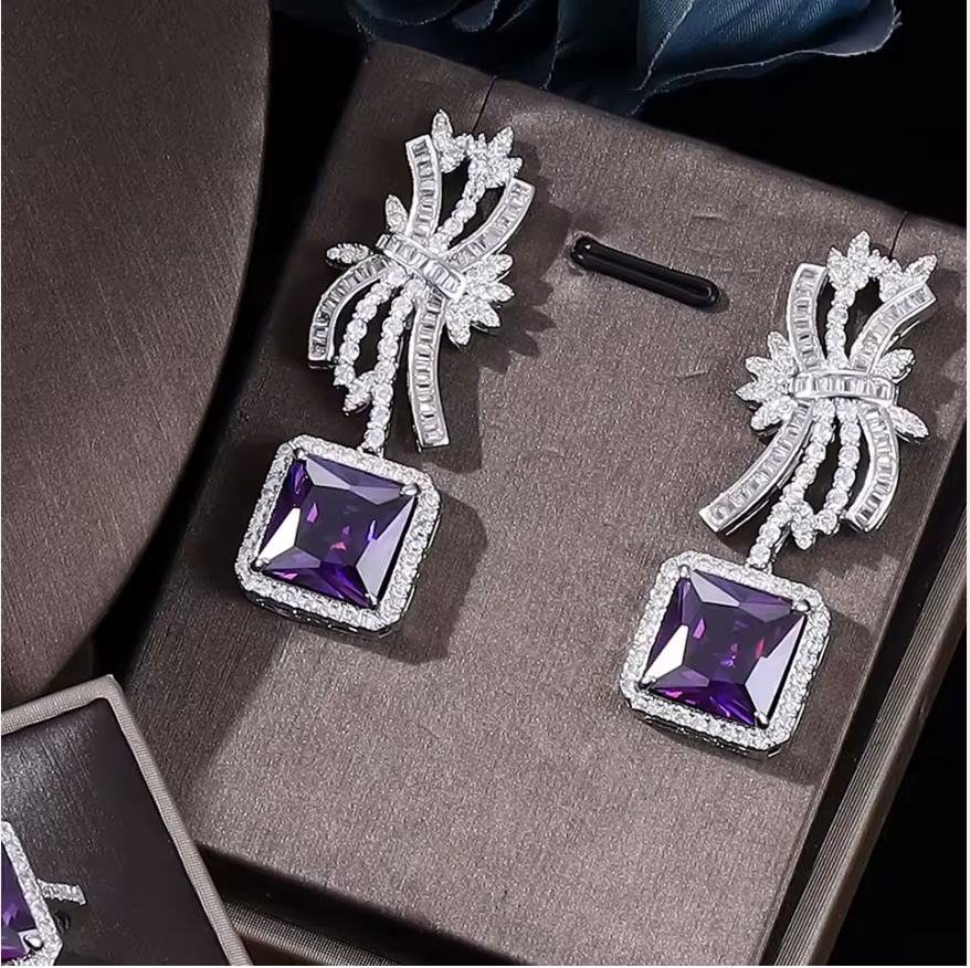 Royal Amethyst Crystal Jewelry Set – 4PCS Elegant Purple Zircon Necklace, Earrings, Bracelet & Ring for Evening, Wedding, or Gift