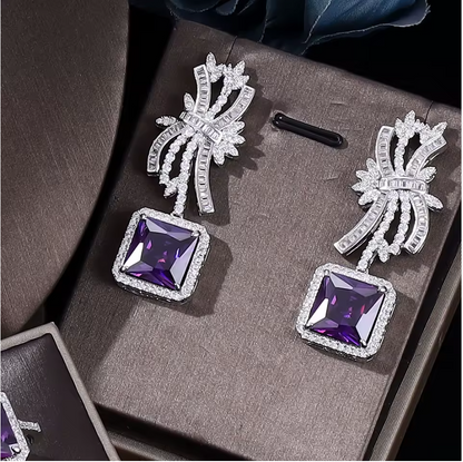 Royal Amethyst Crystal Jewelry Set – 4PCS Elegant Purple Zircon Necklace, Earrings, Bracelet & Ring for Evening, Wedding, or Gift