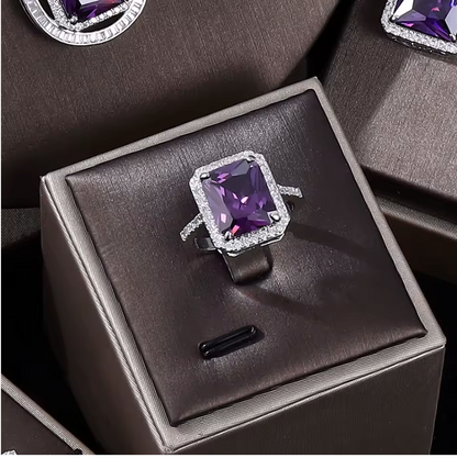Royal Amethyst Crystal Jewelry Set – 4PCS Elegant Purple Zircon Necklace, Earrings, Bracelet & Ring for Evening, Wedding, or Gift