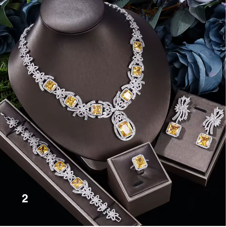 Royal Amethyst Crystal Jewelry Set – 4PCS Elegant Purple Zircon Necklace, Earrings, Bracelet & Ring for Evening, Wedding, or Gift