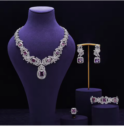 Royal Amethyst Crystal Jewelry Set – 4PCS Elegant Purple Zircon Necklace, Earrings, Bracelet & Ring for Evening, Wedding, or Gift
